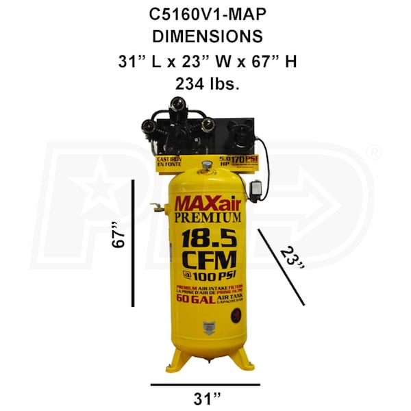 MAXair C5160V1-MAP 1-Phase Compressor Air 60-Gallon 208/230V 5-HP Single-Stage
